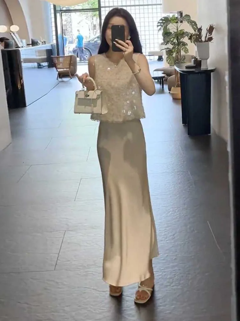 

Новый женский комплект из двух предметов с небольшим ароматом и блестками, летний модный тонкий жилет без рукавов + длинная юбка, элегантный праздничный костюм