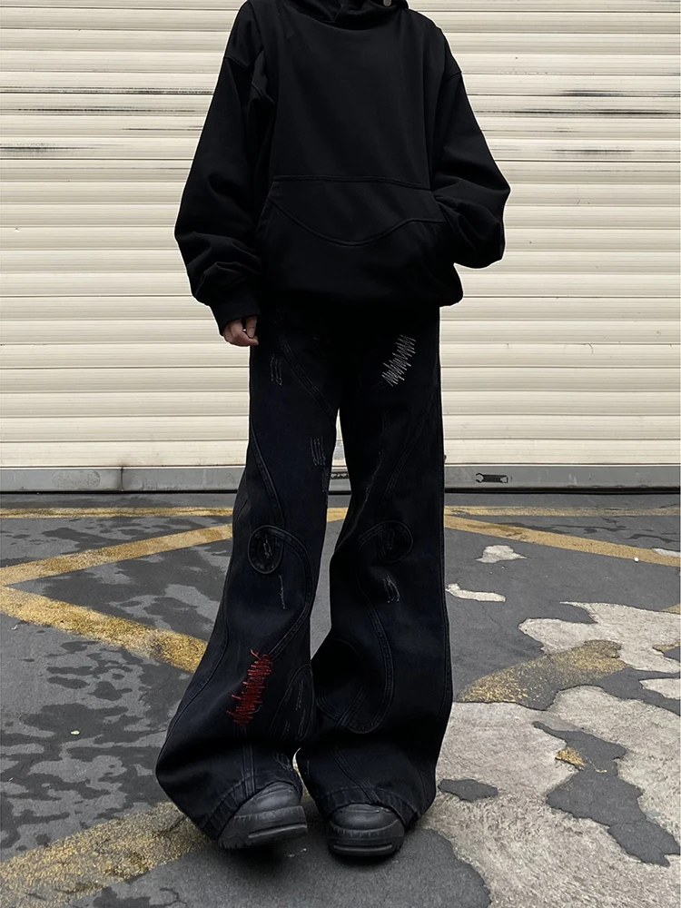 

Retro American Embroidered Patchwork Men's Loose Wide Leg Jeans Bell Bot Denim Pants Autumn Winter Worn out Casual Trousers