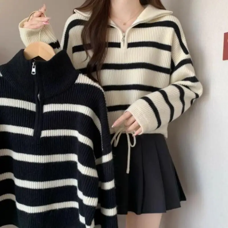 

Princess high neck striped sweater Girl Long Sleeves Knitted Shirt coat Versatile Spring Autumn Clothes Outside Undershirt new