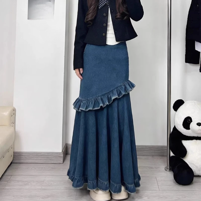 Spring Fall Women High Waisted Ruffles Blue Denim Trumpet Skirt , Woman Autumn Long Vintage Mermaid Skirts