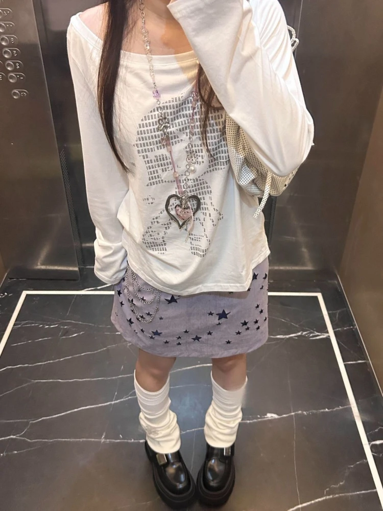 Deeptown Casual Białe Koszulki Graficzne Damskie Harajuku Vintage Koszulka z Długim Rękawem Y2k Gotycka Luźna Koszulka z Nadrukiem Kreskówkowym Streetwear