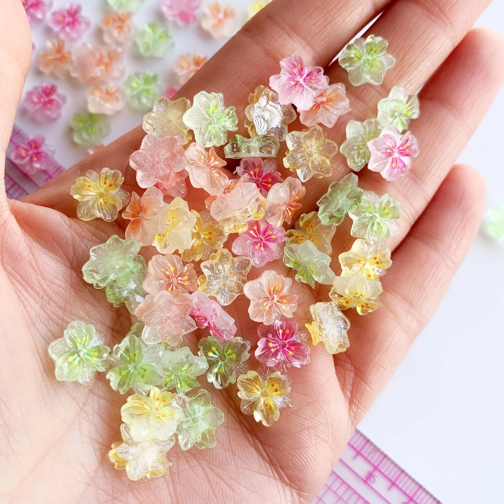 10pcs Mini Luminous Petal Nail Art Accessories 3D Ice Transparent Flower Nail Charms Bulk Kawaii DIY Rhinestone Decoration Parts