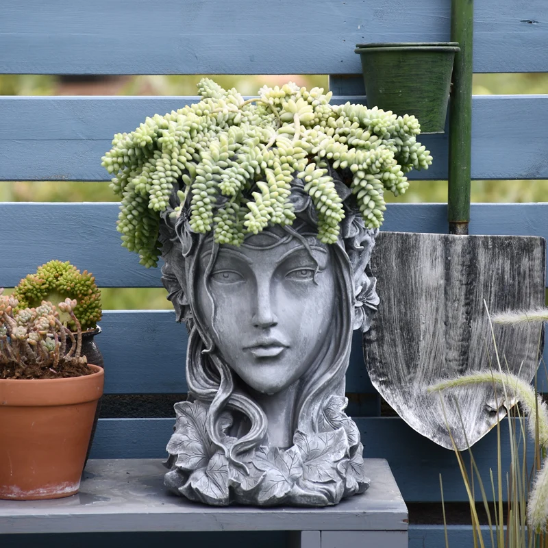 European style garden decoration, courtyard balcony layout, creative succulent flower pots, sculptures, and portrait decorations