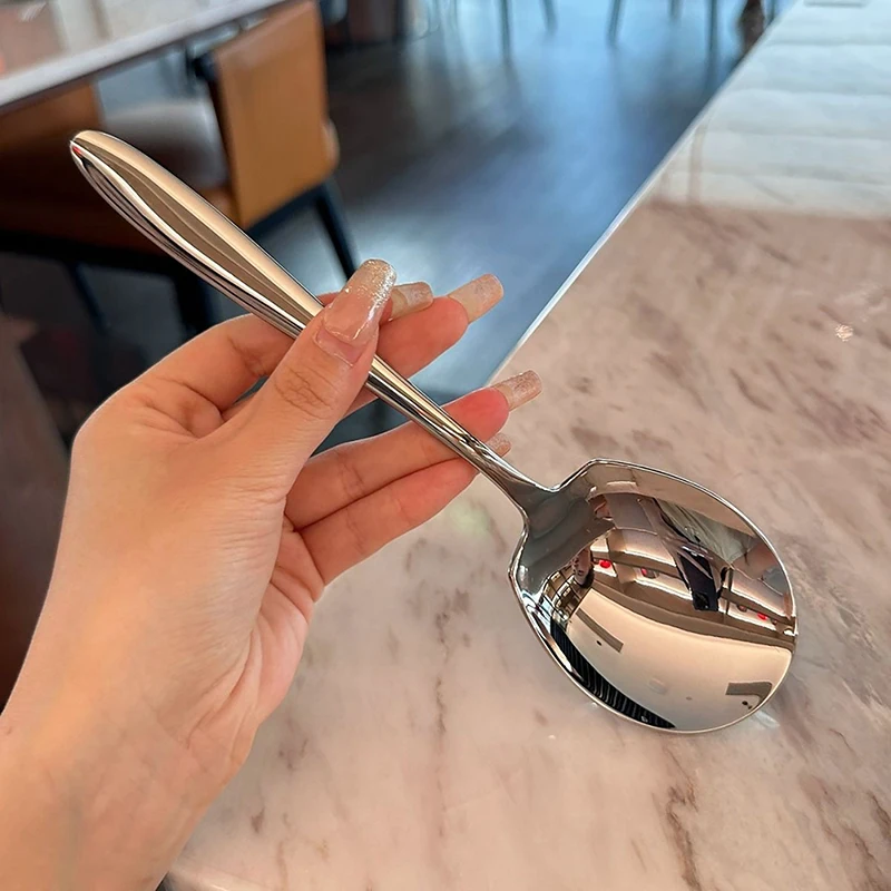 Sendok makan dapur rumah, sendok makan Stainless Steel, sendok sup pegangan panjang kreatif, sendok sup panas Hotel, alat penting dapur rumah