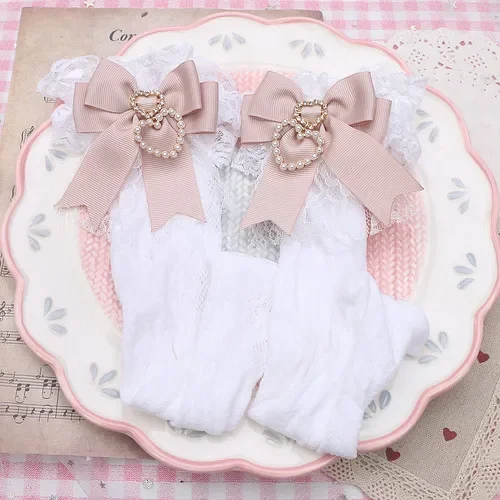 Kawaii Girls All-matching Long Socking Handmade Sweet Lolita Bow Pearl Heart Pendant Lace Mid-Calf Crew Socks Japanese Stocking