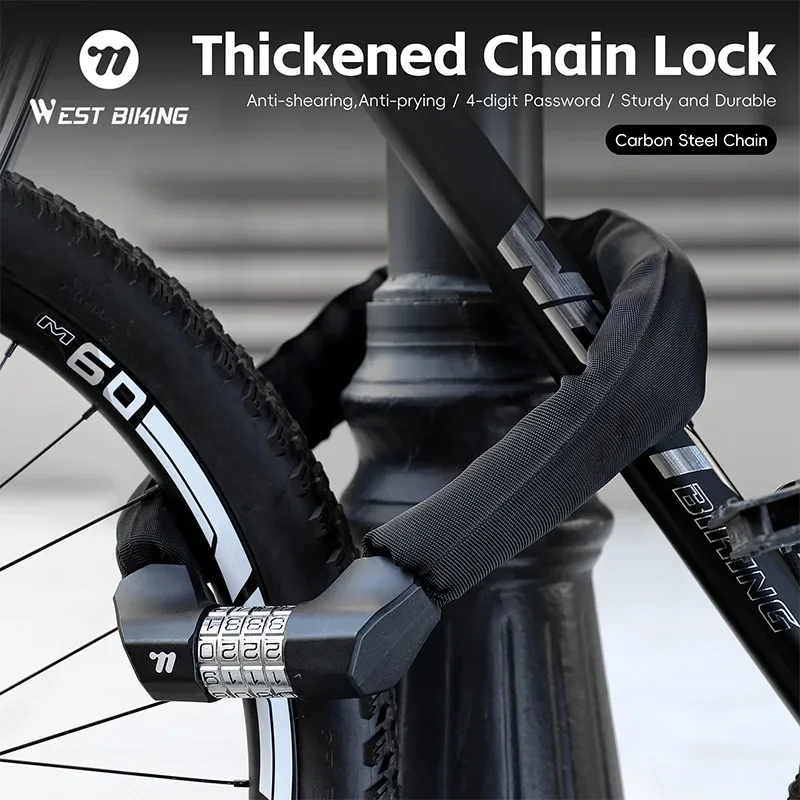 WEST BIKING Bicycle Lock Thickened Chain Lock 4 Digit Password Anti-Theft Motorcycle Scooter Bike Chain Lock Bike Accessories