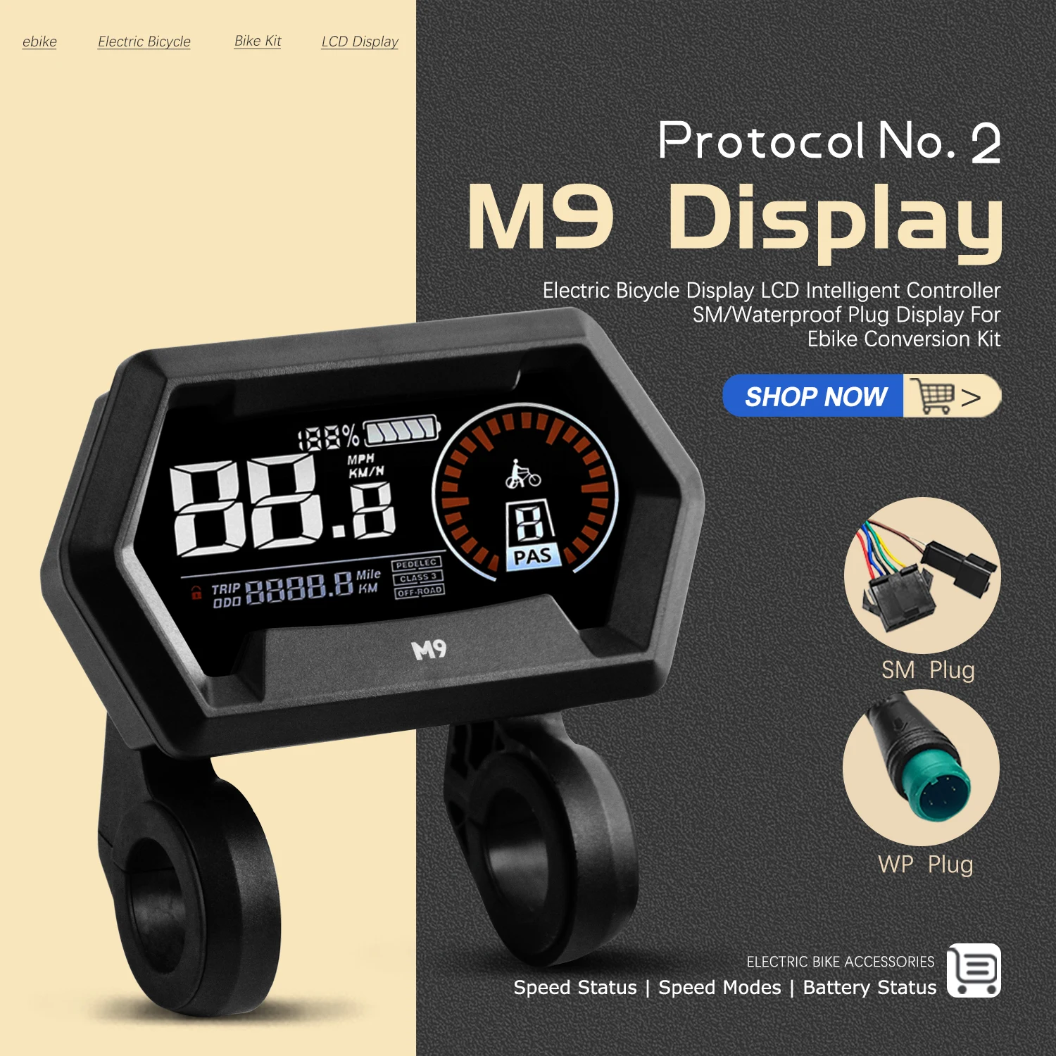 

M9 Electric Bicycle UART 2 Display E Scooter Bike Computer Screen Meter with SM/Waterproof Connector for Electric Bike Accessory