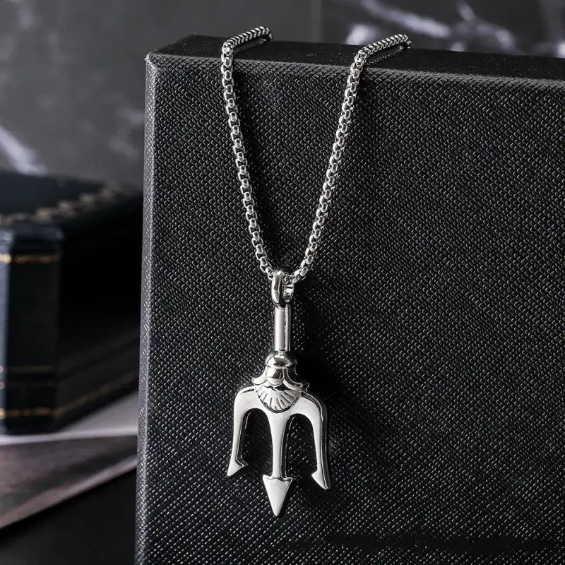 Men and Women Fashion Creative Stainless Steel Filled Poseidon Trident Necklace Neptune Pendant Ancient Greek Style Jewelry Gift