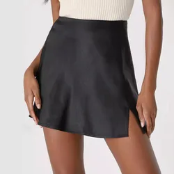 Women's Summer Solid Color Satin Split Elastic High Waist Sexy A-line Short Skirt 2025 Trendy Streetwear Faldas