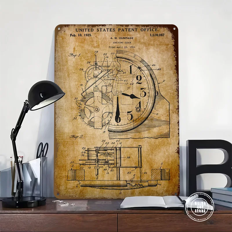 Vintage 1925 Striking Clock Patent Metal Poster Customized Wall Art Retro Vintage Tinplate Signs for Living Room Decor Wand Deko