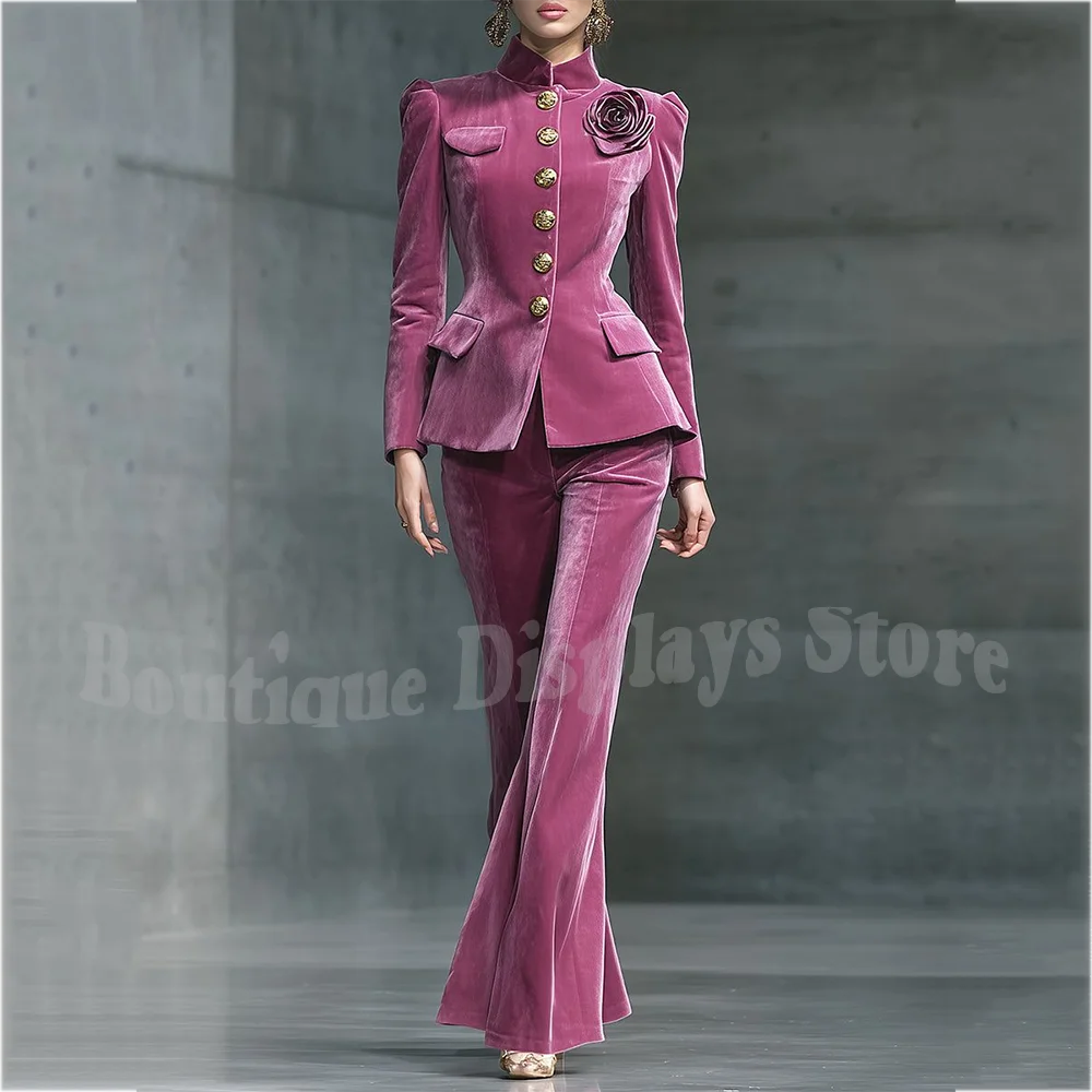 

Elegant Stand Lapel Women Suit Slim Fitted Luxury Female Outfit Single Breasted Fashion Show Formal Party Set Two Pieces
