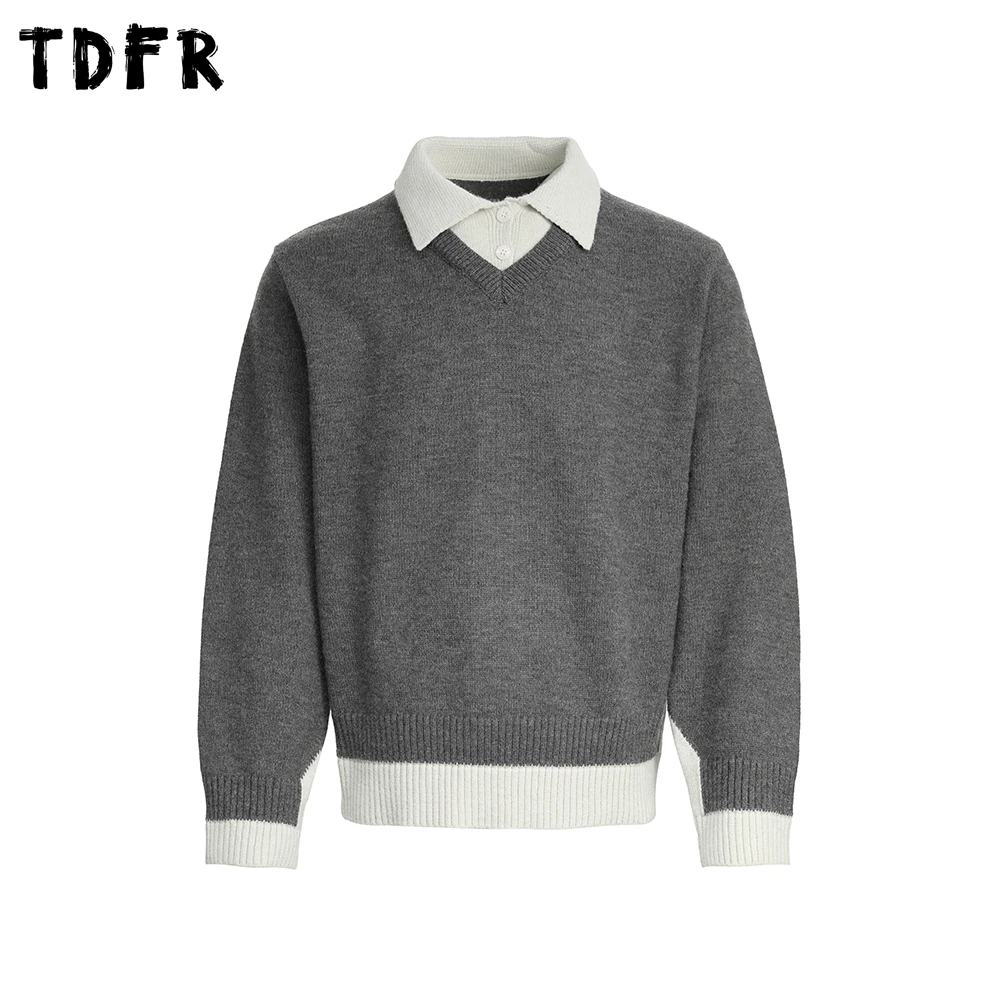 

Поддельный свитер из двух частей с лацканами, мужской осенне-зимний повседневный свободный вязаный пуловер с длинными рукавами для мужчин