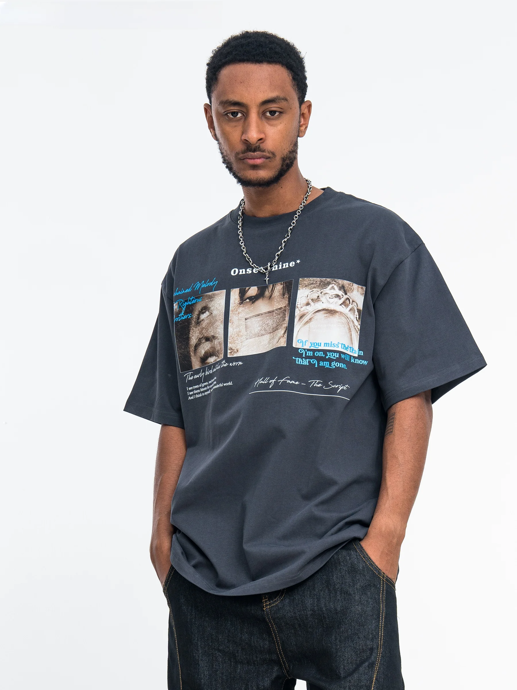 Onesevenine American Street Style Loose Fit Cotton T-Shirt Short Sleeve Small Collar Unisex Summer Casual Hip Hop T-Shirt