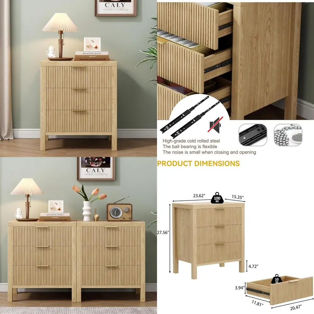 Wooden Farmhouse Style Nightstands with 3 Drawers Storage for Bedroom, Boho Tall Side Table Accents