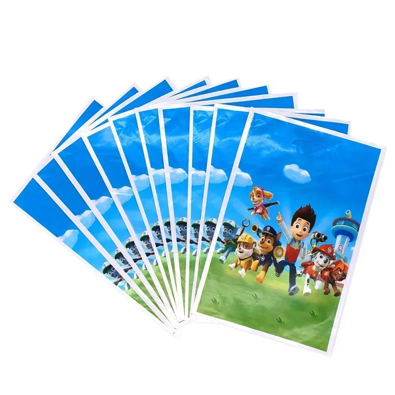 Paw Patrol Party Gift Bags for Kids, Anime Puppy Theme, Plastic Candy Loot Bag, Handle Gift Bag, Birthday Party Supplies, 10Pcs