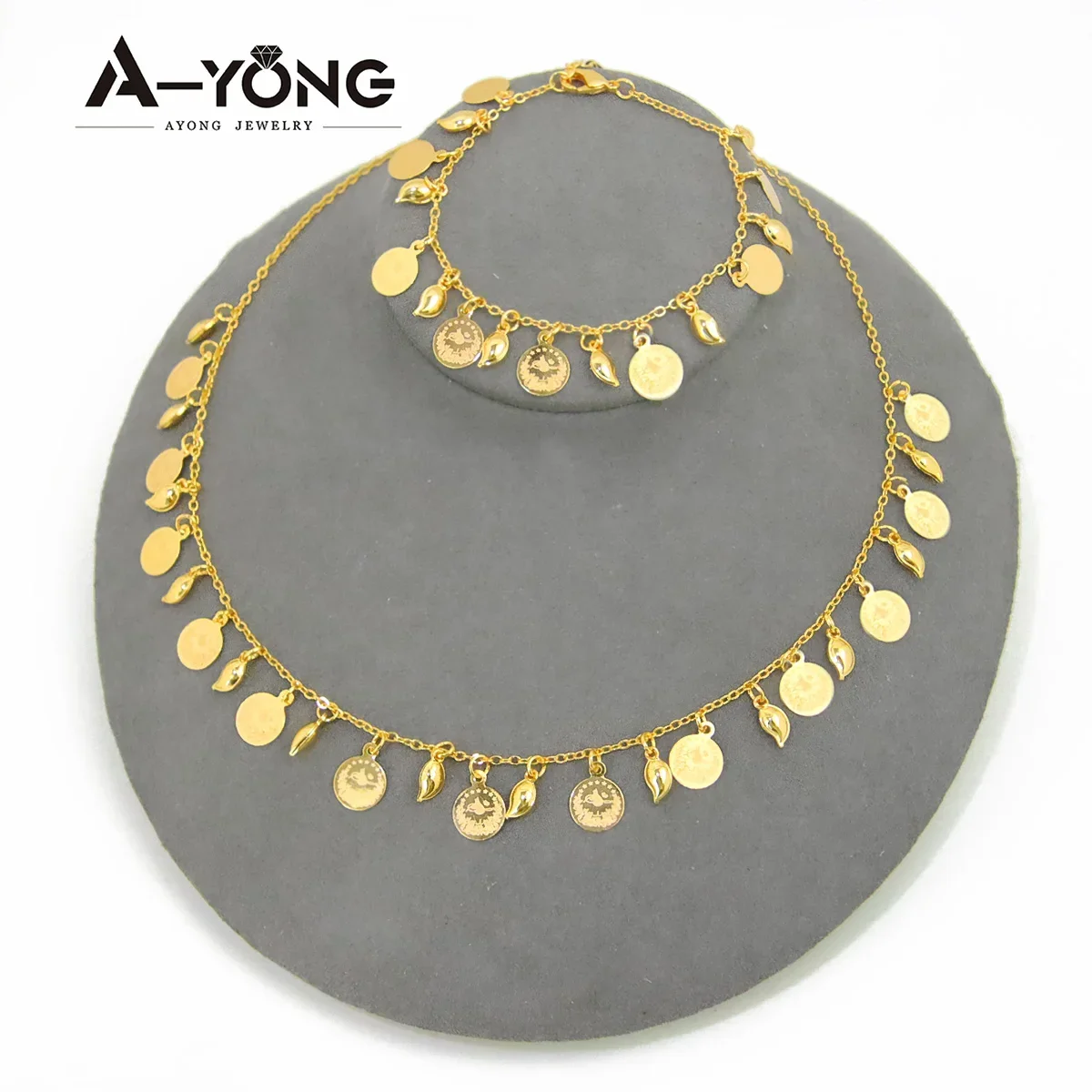 Fashion Dubai Style Waterproof Bridal Lira Coin Necklace Bracelet Jewelry Set For Women