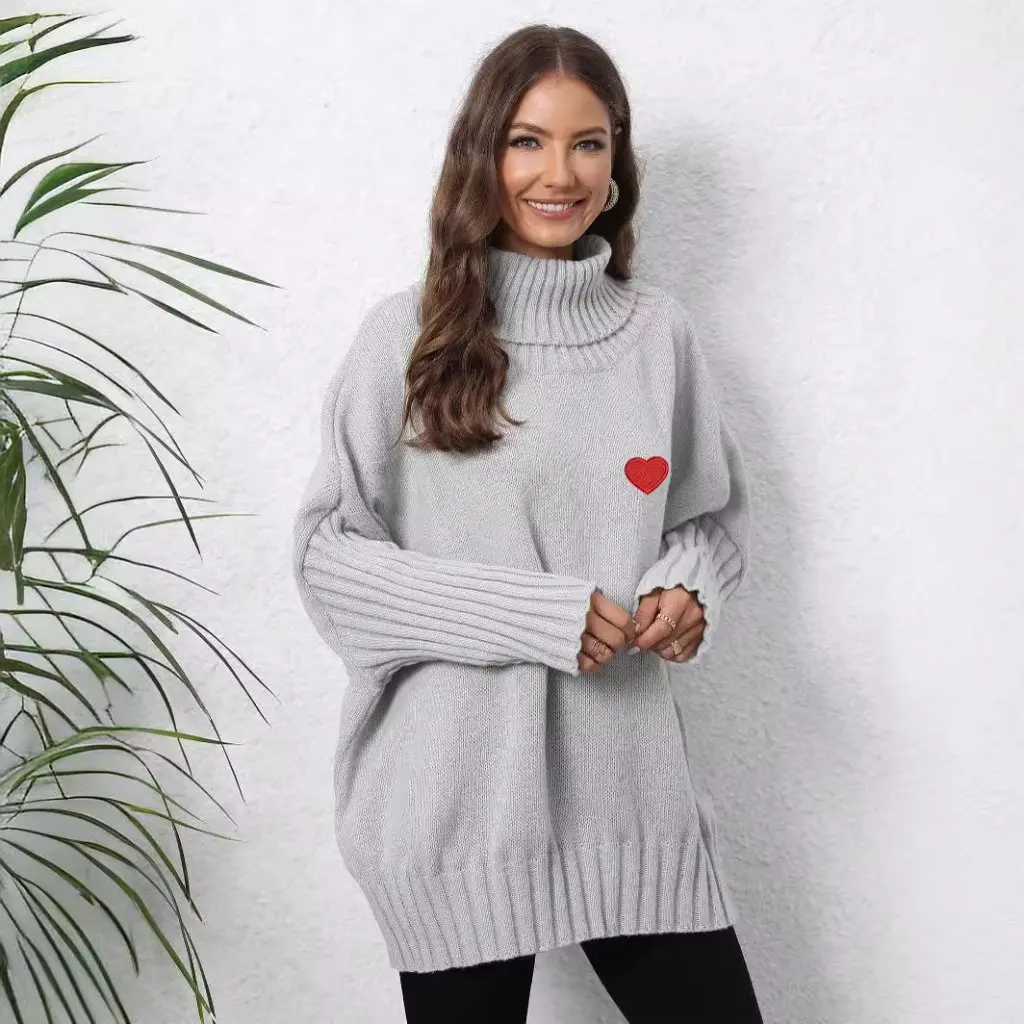 

Women's Love Knitted Turtleneck Pullover Sweater Solid Color European American Style Loose Woven Top M617