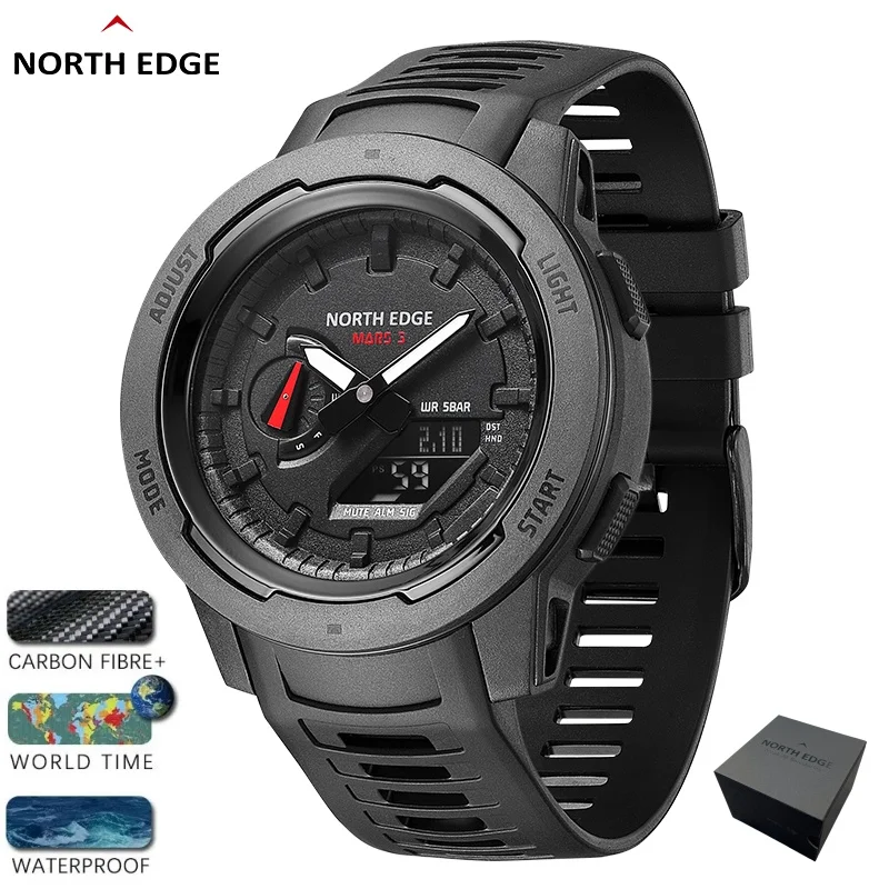 

Часы NORTH EDGE для мужчин MARS3, корпус из углеродного волокна, будильник, секундомер, мировое время, водонепроницаемые мужские часы для плавания, Reloj Hombre