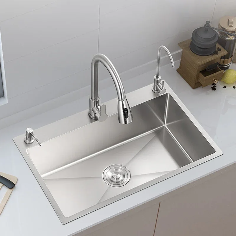 Kitchen Sink Single-slot 304 Stainless Steel Thickened Handmade Wash Basin Household Dishwashing Sink Large Under-counter Basin