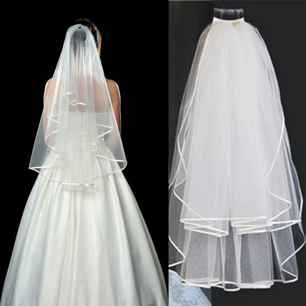 

1Pcs Elegant Double Layer Wedding Veil Bridal Tulle Veil With Comb And Ribbon Edge Short Ivory