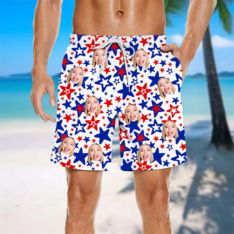 

Customize Face Pattern Beach Shorts Men American Independence Day Swimming Trunks Summer Street Outdoor Sports Board Shorts