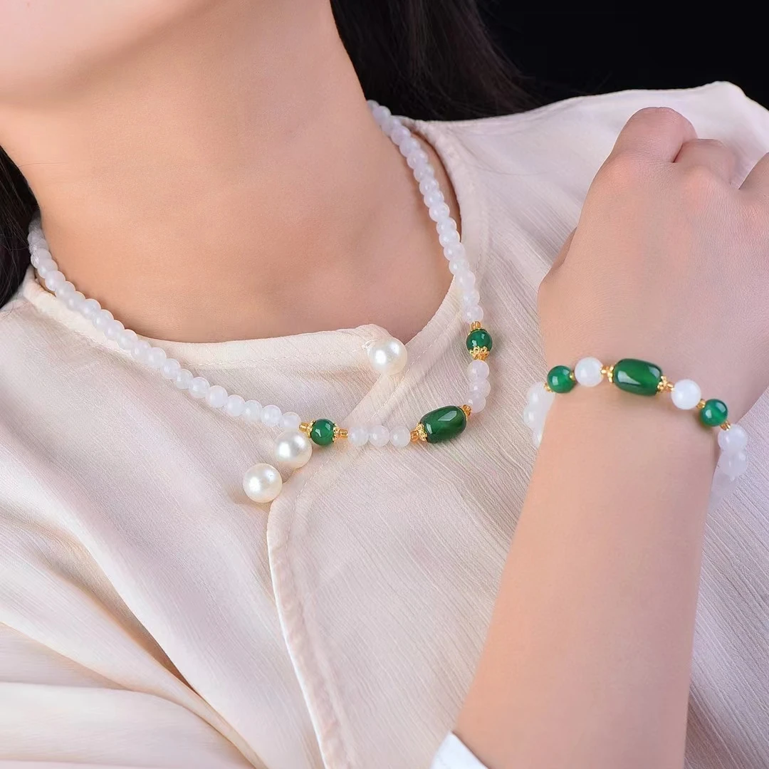 Jade Seda Dourada Corrente Mão e Colar, Pedra Natural Pulseira Elástica, Pulseiras de Pedras Preciosas Femininas, Encantos Jóias, Presentes do Dia das Mães