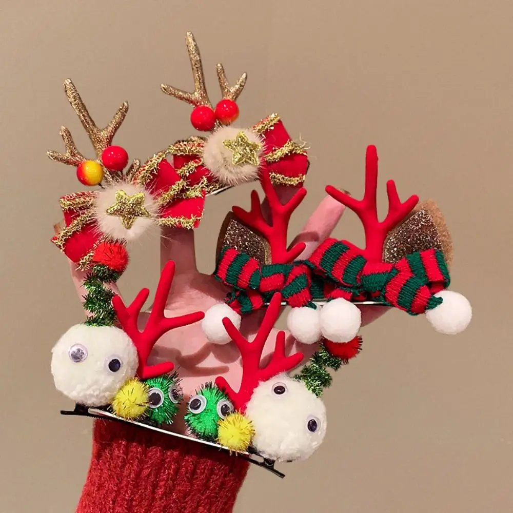 

Merry Christmas Decor Christmas Elk Hairpin Bowknot Santa Claus Children Deer Antler Hair Clip Kids Gifts Cloth Plush Hair Clip