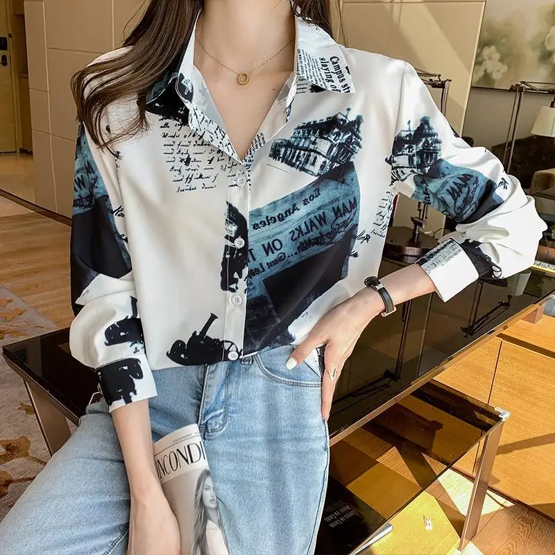 Mode Vrouwen Kleding 2022 Lente Herfst Polo-Hals Retro Hong Kong Smaak Brief Print Lange Mouwen Casual Button Chiffon shirt