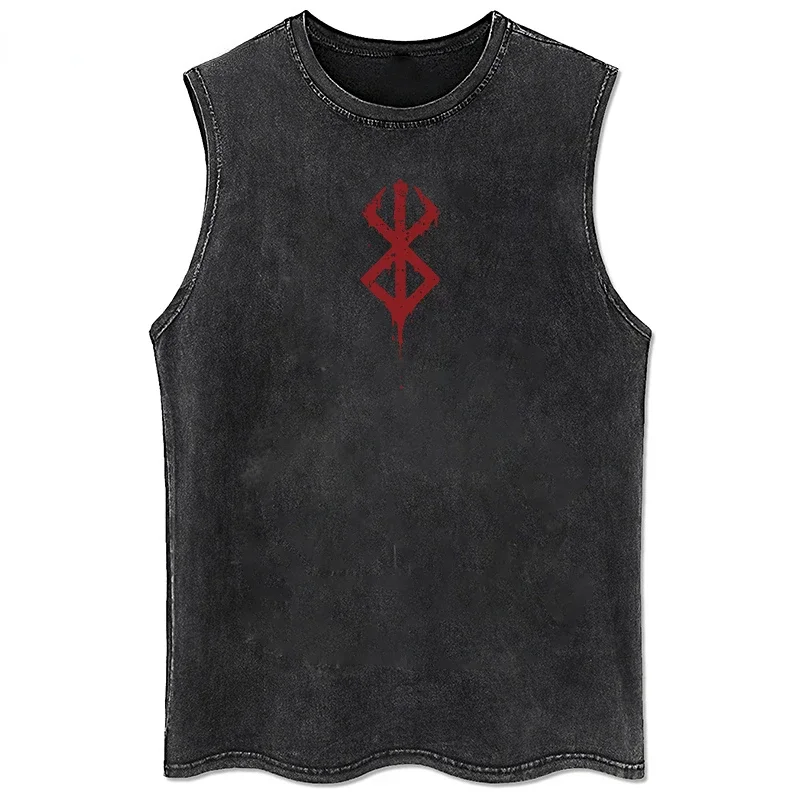 Summer Men's Retro Printed Washed Cotton Vest Muscle Gym Sleeveless Workout T Shirts Fashion Running Beach Loose Cutoff Tees