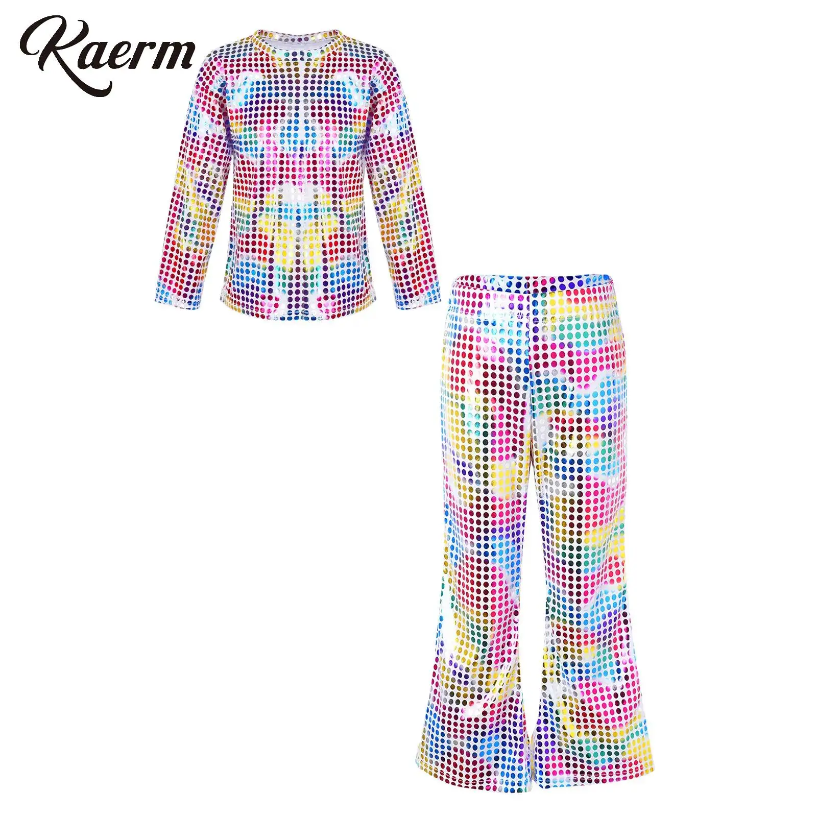 

Unisex Kids Boys Girls Jazz Glitter Costume Shiny Dots Long Sleeve Round Neck Tops with Flared Pants for Idol Dance Costume