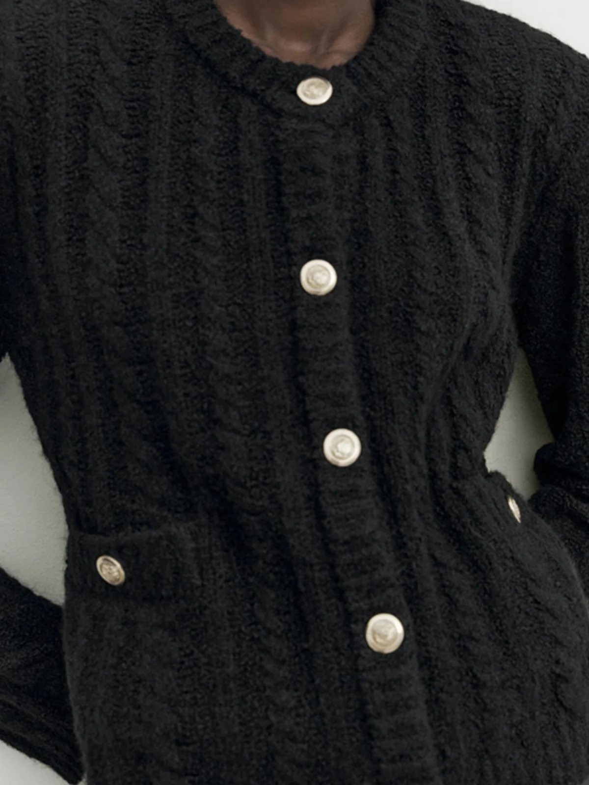 Faionable round Ne Knitted ort Coat MD Women's Bla Boucle Sle Open Front Knitwear New Arrival Autumn Winter