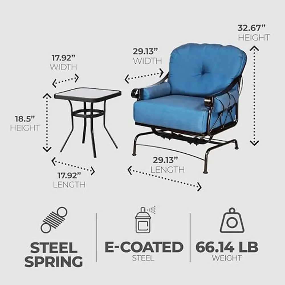 3-Piece Outdoor Patio Set Metal Rocking Chairs Glass Top Table Garden Conversation Furniture Blue Relaxation Space Spring Motion