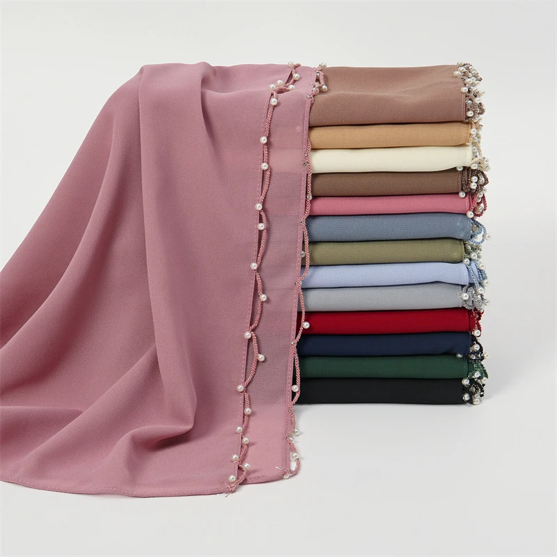 

Новый жемчужный шифоновый хиджаб, лоза, тяжелая промышленность, вышивка, кружевной край, длинный шарф, легкий шарф, платок, шаль, тюрбан, хиджаб для женщин