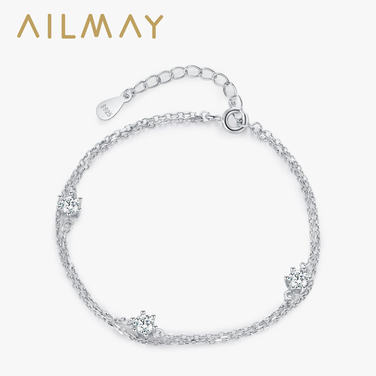 Ailmay 925 Sterling Silver Dainty Simple Shiny Zircon Double Layers Bracelet For Women Link Chain Trendy Jewelry