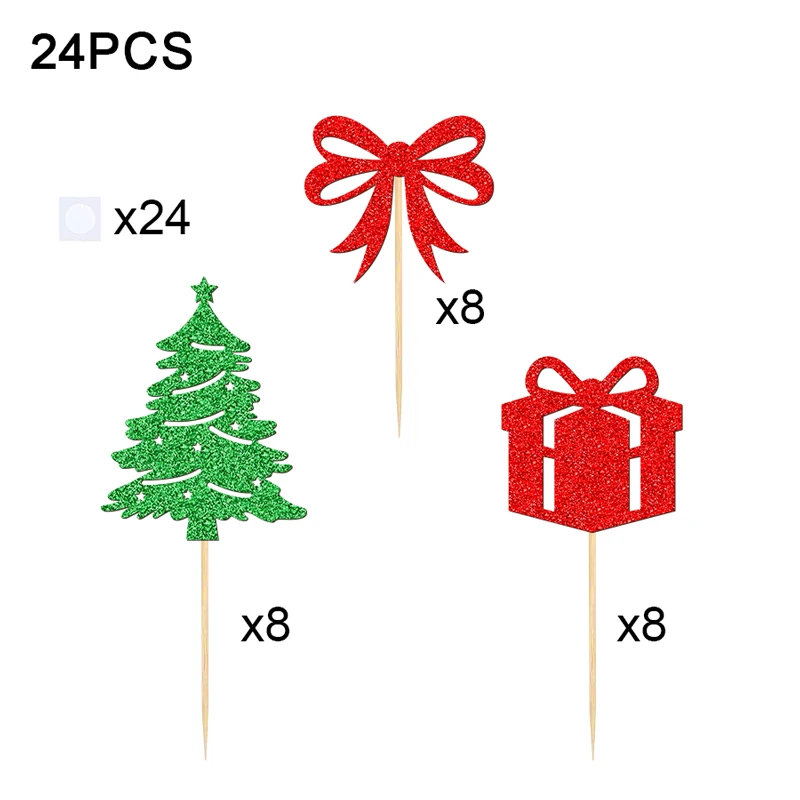 YOMDID 24 Stück Weihnachts- und Geburtstagskuchen-Topper, frohe Weihnachten, glitzernde Cupcake-Picks, Weihnachtsbaum, Schleife, Weihnachtsdekoration – Detail 6