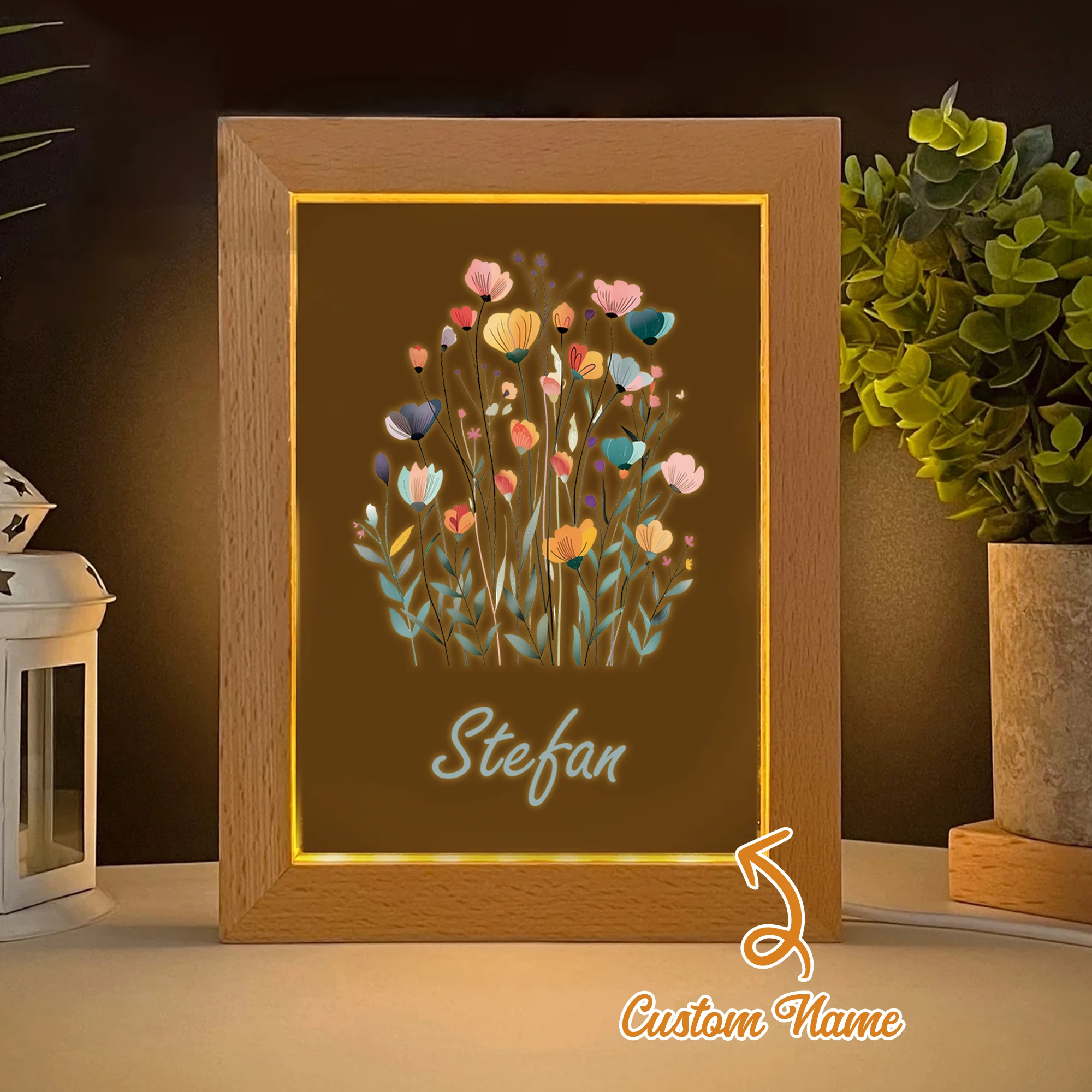 

2D Flat Custom Name Flower LED Acrylic Night Light Wood Photo Frame 21x17cm Cartoon Children's Bedroom Gifts Home Decor