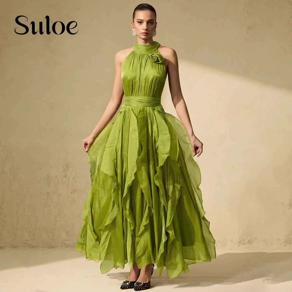 Vestido de noche de gasa color verde oliva con escote halter, sin mangas, con volantes en capas, corte fluido, ideal para bodas de verano, fiestas y eventos, se puede personalizar.