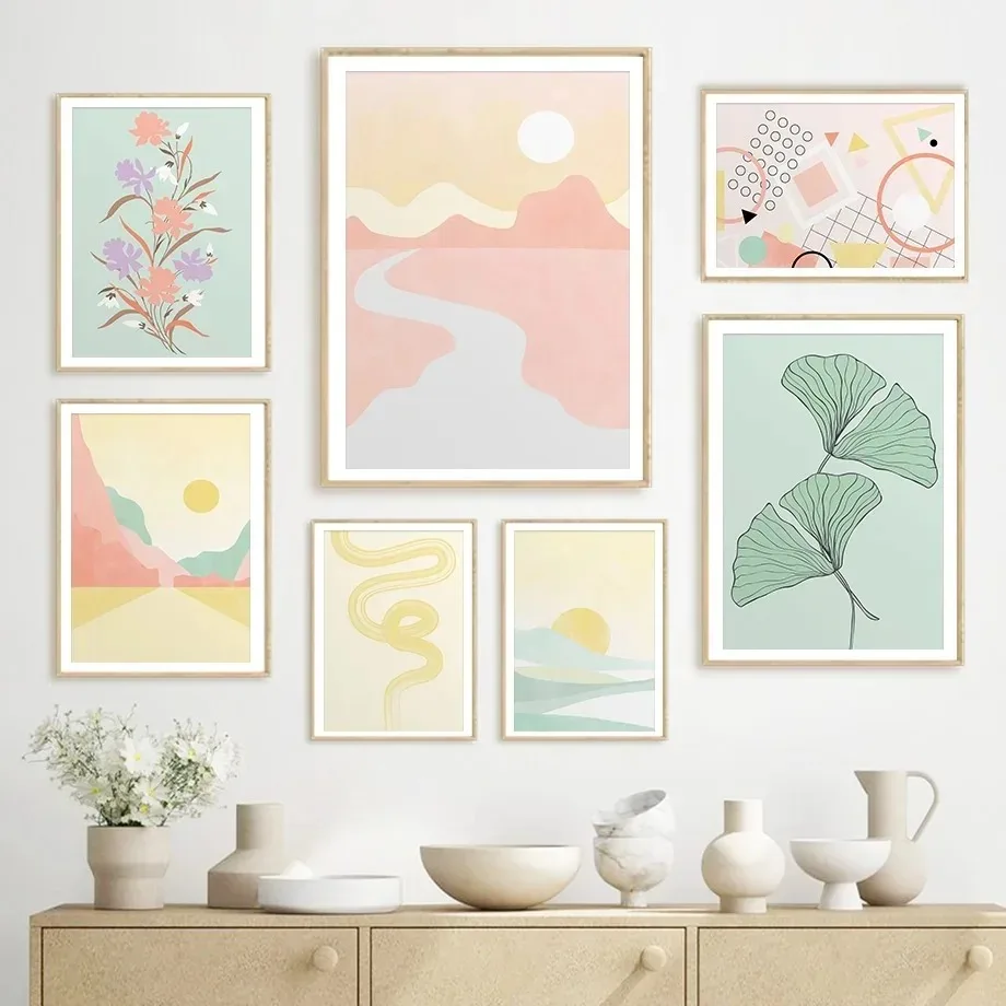 (No frame)Planta flor abstracta línea amarilla minimalista pared arte lienzo impreso pintura carteles para sala de estar deco