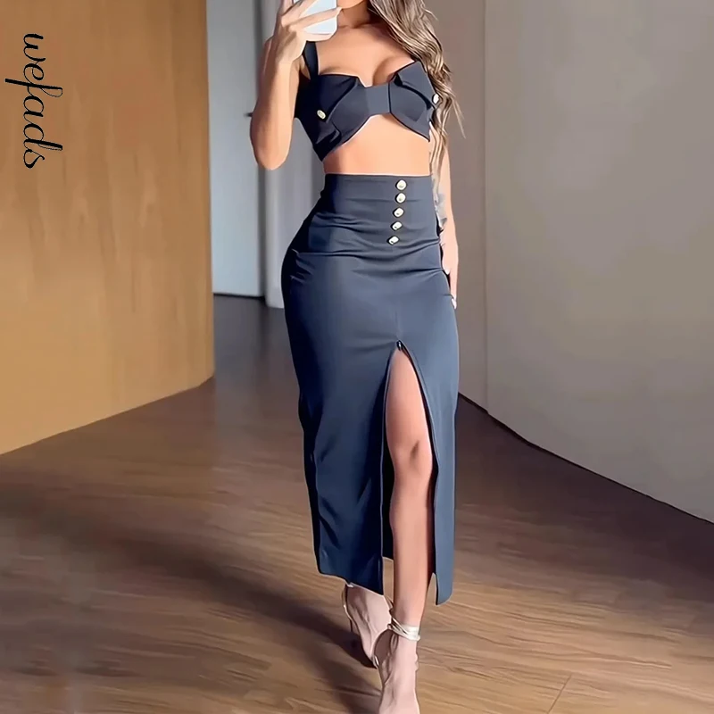 Wefads 2 Piece Set Women Fashion Sexy Solid Sleeveless Suspsnder High Waist Backless Top A Line Slit With Button Long Skirts Set