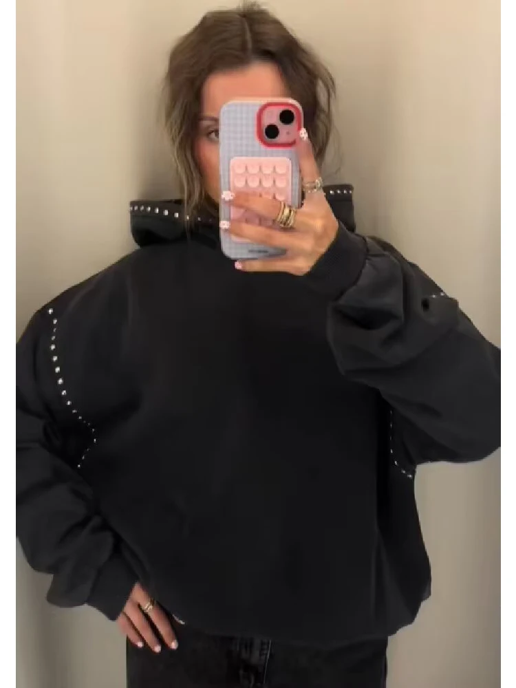 2026 frühling Herbst Frauen Jacke Langarm Niet Dekoration Hoode Jacken Für Frauen Casual Neue Schwarz Oberbekleidung
