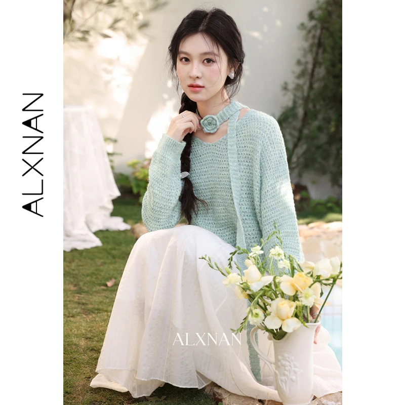 

ALXNAN Women's Sweater V-neck Long Sleeve Floral Tie Knitted Pullover 2026 Spring Green Casual Elegant Fashion Female Top L61310