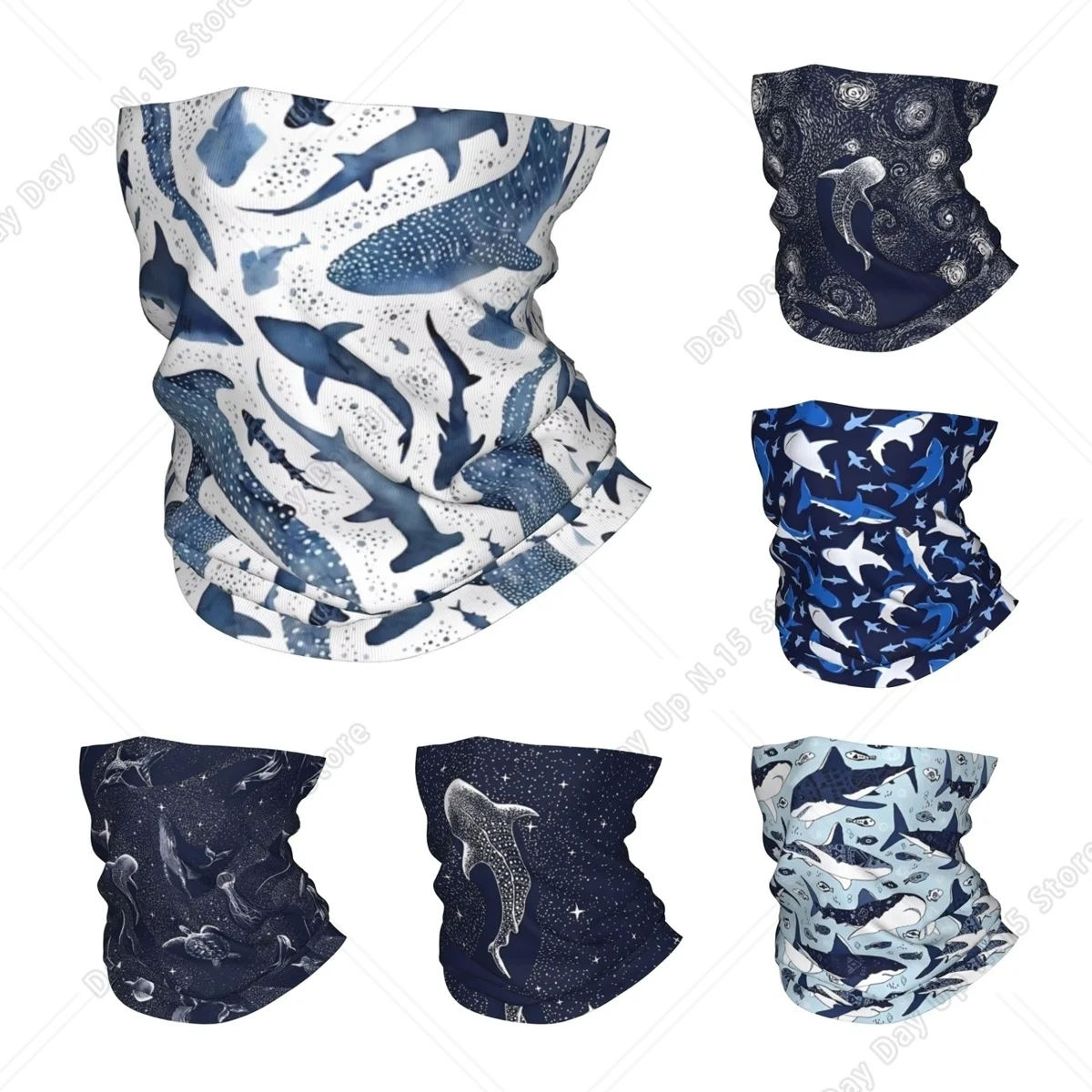 Monochrome Blue Watercolour Shark Ocean Bandana Neck Starry Whale Sharks Scarf Balaclava Sports Adult Breathable