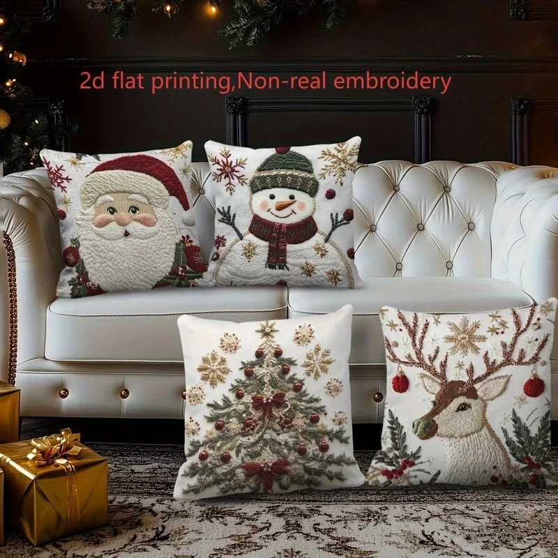 Christmas Pillow Covers Santa Snowman Deer Tree Designs Embroidery Polyester Throw Cushion Case Machine Washable Holiday Decor
