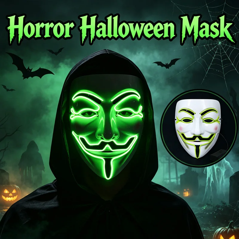 

Halloween Glowing V Mask EL Wire Neon Light up Anonymous Mask Cosplay Horror luminous Mask for man women haunted house props