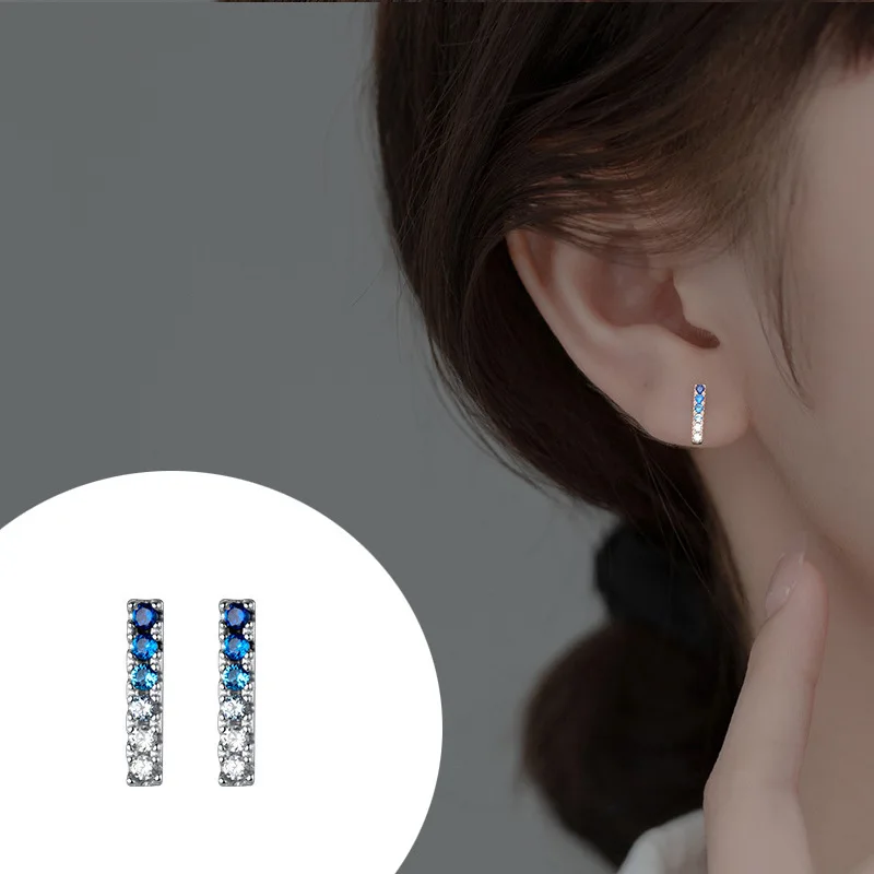 Silver 925 Earrings For Women  Rectangular 925 Silver Earrings For Girls Stud Earrings For Women Gradient Blue Zircon Daily