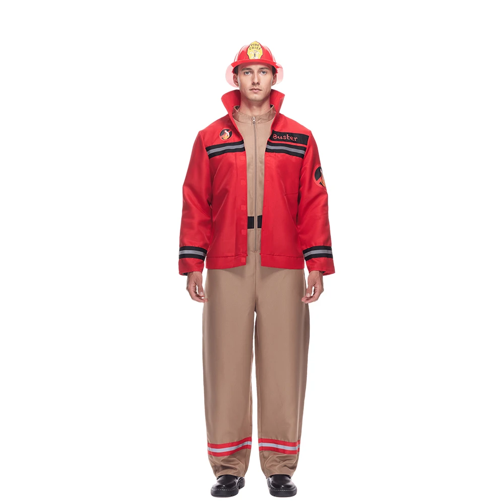 Men's Firefighter Costume Novelty Adult Fireman Uniform with Helmet Carnival Easter Purim Fancy Dress