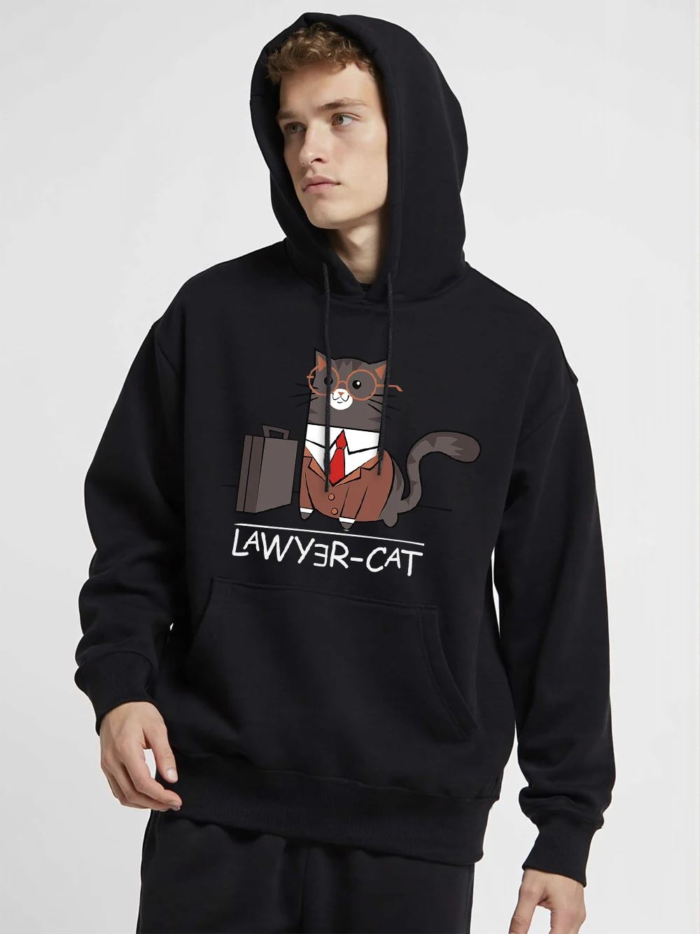 Lawyer-Cat Printing Hoodies Mens Womens Winter Fleece Warm Hooded Casual Pocket Sweatshirt Comfortable Loose Unisex Pullover