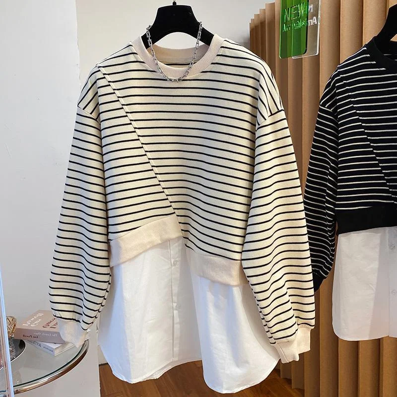 

plus Size Women's round Ne Striped irt Spring Autumn Versatile Two-Piece Set Casual Comfortable Korean Sle Office Wear