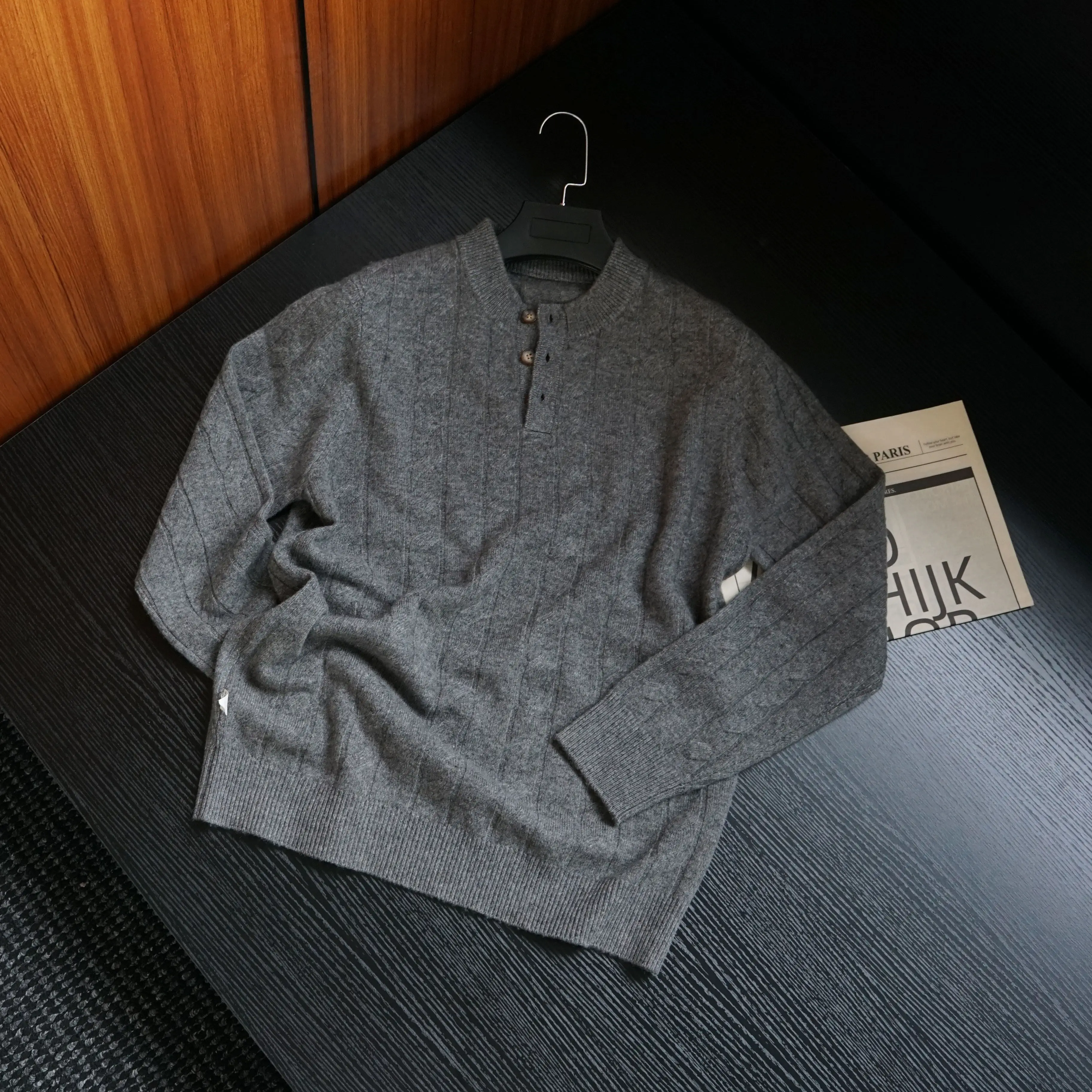 

Осенне-зимний свитер из смесовой хлопково-шерстяной пряжи с эффектом кручения, мужская модная полуоткрытая теплая кофта-поло