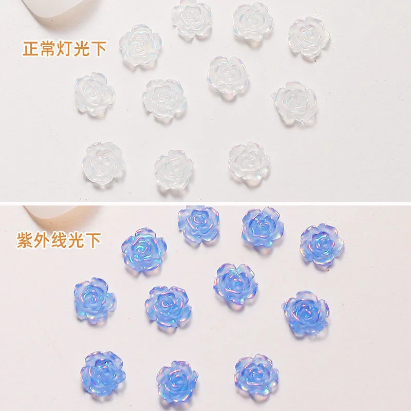 100Pcs 3D Acrylic  Light Changed Flowers Nail Charms Auroras Camellia  Jewelry  Tips Deco